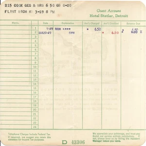vintage receipt Hotel Statler Detroit Michigan - Picture 1 of 2