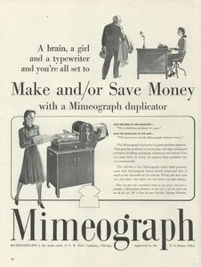 Máquina copiadora duplicadora mimeograph 1940 ganar y ahorrar dinero anuncio impreso vintage - Imagen 1 de 1