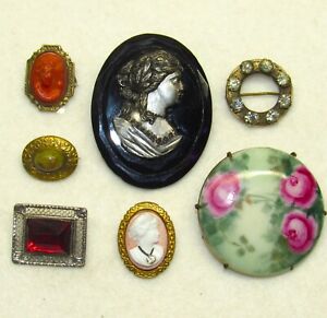 Antique 7 CAMEO BROOCH & PINS All "C" Clasp, Molded Glass, Porcelain, Rhinestone