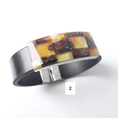 Pulsera ajustable unisex cuero natural negro y mosaico ámbar báltico  Foto 1 de 4