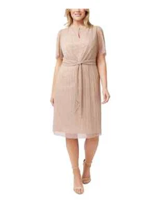 ADRIANNA PAPELL Womens Gold Tile Waist Lined Short Sleeve Shift Dress Sz 8 - Picture 1 of 7