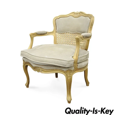 Fratelli Boffi French Louis XV Styl Gold Suede Cane Back Bergere Arm Chair Italy Cover