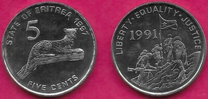 ERITREA 5 CENTS 1997 UNC LEOPARD ON A TREE BRANCH,(Panthera pardus)DENOMINATION, - Picture 1 of 1