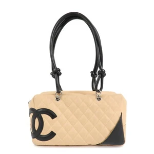 Auth CHANEL Cambon Line Lamb Skin Bowling Bag Hand Bag Beige A25171 Used F/S - Picture 1 of 24
