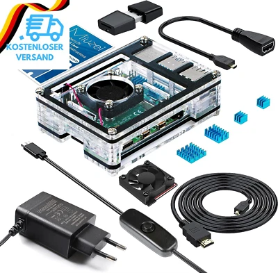 Miuzei Gehäuse Für Raspberry Pi 4 Mit Lüfter, 5.1V 3A 15.3W USB-C Netzteil,1.8M