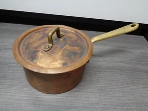 VINTAGE 1 QUART COPPER SAUCE POT SAUCE PAN W/ MATCHING LID, MARKED P14 ~ ITALY - Picture 1 of 7