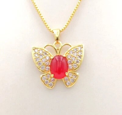 多色玉髓玛瑙玉 18KGP 方晶锆石蝴蝶吊坠项链 — 第 1/4 张图片
