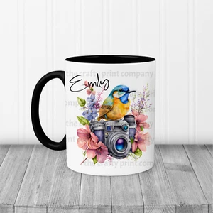Personalised Mug with Camera, Bird and Flowers Design, great for a photographer - Picture 1 of 13