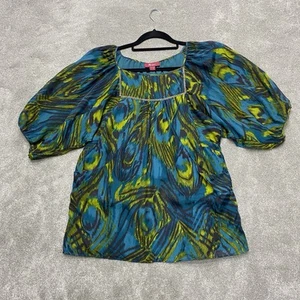 Monsoon Pure Silk Top Blouse UK 8 Green Blue Peacock Feather Pockets Gypsy Boho - Picture 1 of 20