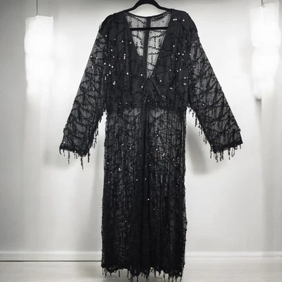 Vestido de Malla PRETTY LITTLE THING Negro Lentejuelas Borla Maxi Noche Formal Mujer 2X Foto 1 de 4