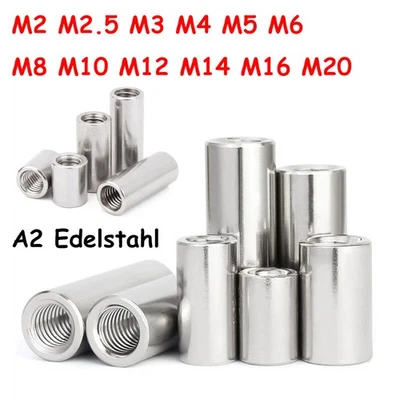 M2 M3 M4 M5 M6 M8 M10 - M20 A2 Edelstahl Verbindungsmuffe Rund Lang Gewindemuffe - Bild 1 von 4