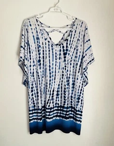 Dotti Woman 1X Swim Cover Up Top Tunic Blue Tie Die Print Double V-Neck Stretch - Picture 1 of 4