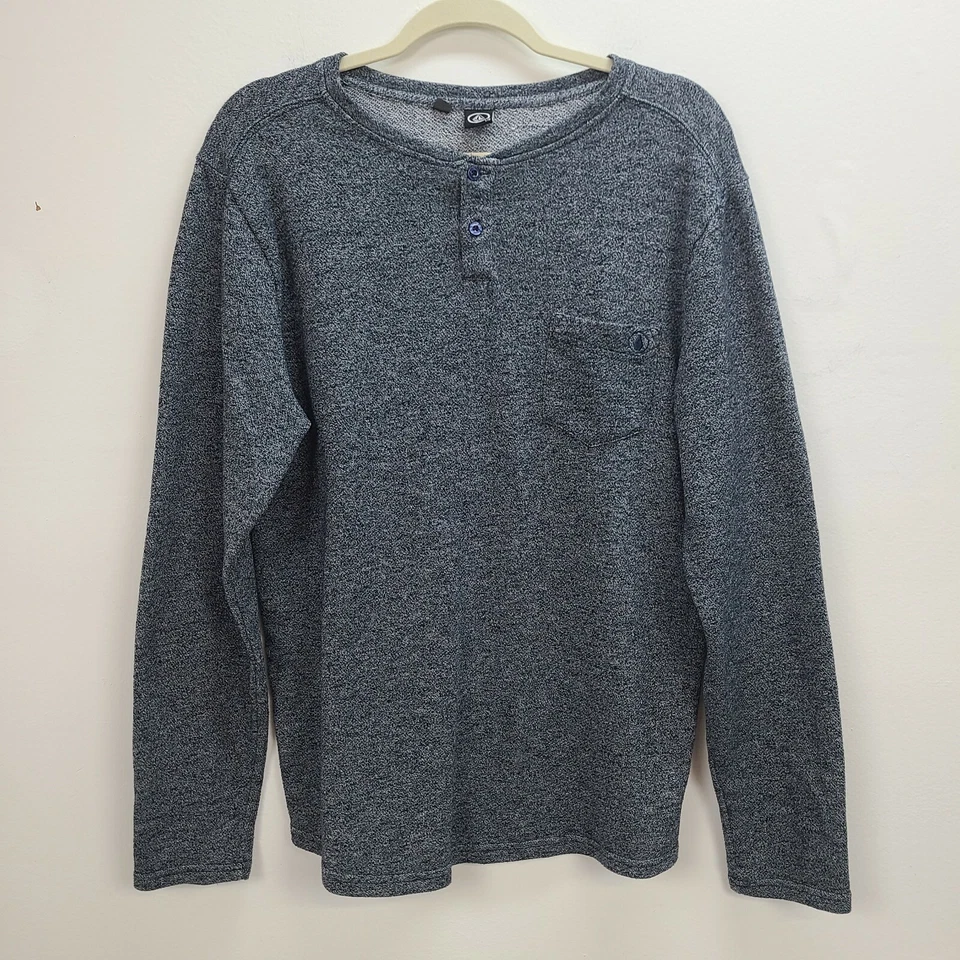 Volcom Henley Shirt Men Large Blue Long Sleeve Pullover Button Logo Pocket Knit - Image 1 of 4