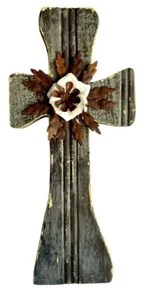 Barn Wood Cross w Metal Flower Decoration by Kathleen Wedemeyer w Hanger Pre Own - Picture 1 of 5