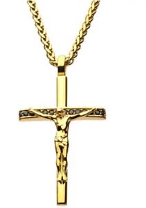  INOX Men's Gold Plated Black CZ Crucifix Cross Pendant Necklace (Lot# N118)