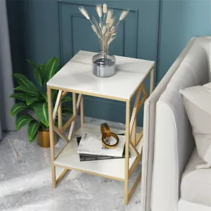 White Marble Gold Side Table Living Room End Accent Table Nightstand with Shelf - Picture 1 of 16