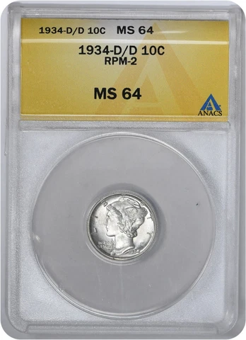 1934-D/D Mercury Silver Dime RPM2 MS64 ANACS Cover