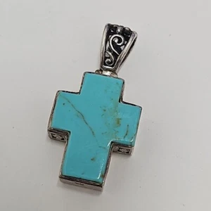 Signed JSE 925 Sterling Silver & Turquoise Cross Pendant 10g G13 - Picture 1 of 6