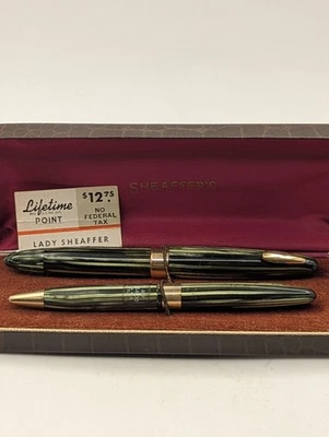 Pluma Estilográfica y Lápiz Lady Sheaffer Tuckaway Rayas Verdes Oro 14k Plumín Pegatinado Foto 1 de 4