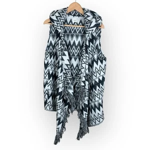 Jolt Hooded Aztec Tribal Fringe Vest Black White XL Open Front Boho Western - Picture 1 of 6