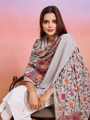 Gray Acrylic Kashmiri Indian Designer Embroidery Wool Shawl Stole, 70cm x 200cm - Image 1 of 4