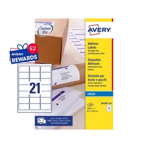 Avery Tintenstrahl Adressetikett 63,5 x 38,1 mm 21 pro A4 Blatt weiß Packung 2100 Etiketten J8 - Bild 1 von 3