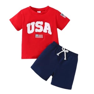 Little Boy 4th of July Outfit USA American Flag T-shirt+Casual Shorts Indepen... - Picture 1 of 7