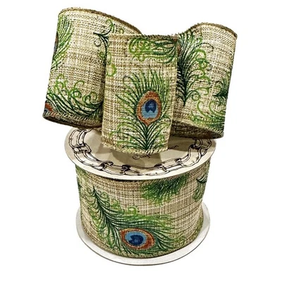 Green Blue Peacock Feathers Linen Ribbon, 2.5" x 10Y Fall Christmas Wreath Decor - Image 1 of 4