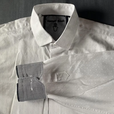 Vincent Black Dress Shirt Mens Medium White Herringbone Dot Contrast Long Sleeve - Image 1 of 4
