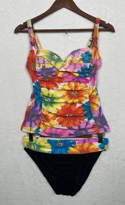 Bleu Rod Beattie Floral Tankini Top & Hipster Bikini Bottom Ruched Size 8 - Image 1 of 4