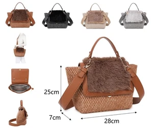 Classic Fluffy Tweed Grab Tote – Ladies Stylish Shoulder Handbag 2407 - Picture 1 of 10