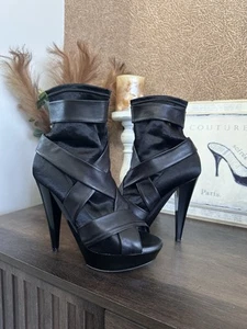 Burberry Prorsum black satin leather peep toe heel platform ankle bootie UK7 - Picture 1 of 19