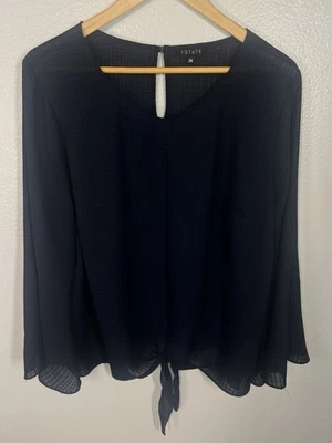Blusa Top 1.State Para Mujer 2X Carrera Azul Marino Textura Corbata Frontal Volantes Manga Foto 1 de 4