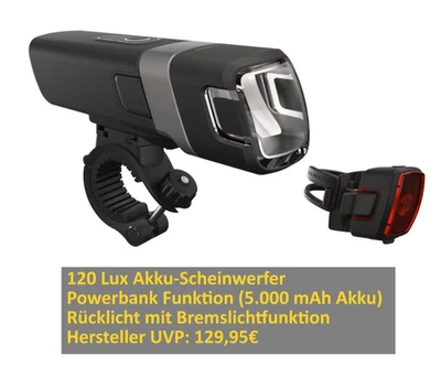 Fahrrad Akku-Lampenset Beleuchtungsset 120Lux Bremslicht Powerbank Scheinwerfer - Bild 1 von 4