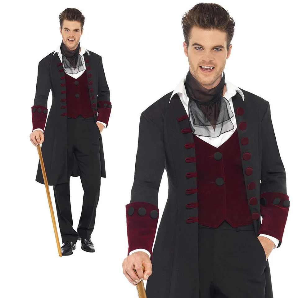 Disfraz de vampiro para hombre muy genial verdadero vampiro Halloween gótico Drácula vestido elegante Foto 1 de 4