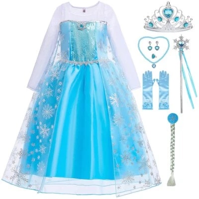 Robe Princesse Fille Elsa Déguisement Reine des Neiges Costume Bleu Canarval ... - Photo 1/4