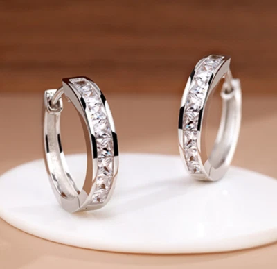 925 Sterling Silver Square Cz Huggie Hoop Earrings 16mm/0.6" Women Men Gift PE28 - Image 1 of 4