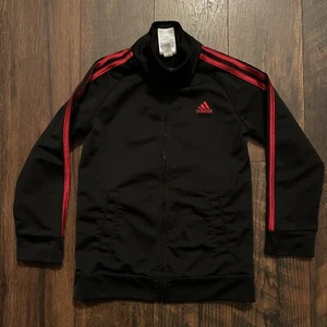 Adidas Jacket Youth 7 Track Polyester Full Zip Black Red 3 Stripe Spellout Boys - Picture 1 of 8