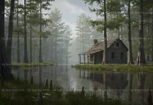 CABIN FOREST TREE ART PRINT, Lake Wall Decor, House Landscape Poster G074 - Picture 1 of 2