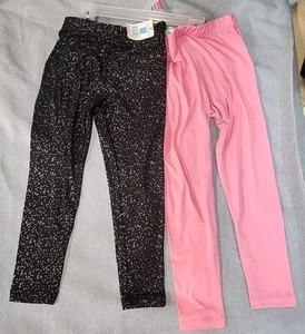 Girls 2 Pair Leggings Black With Silver Dots And Pink Size 4 - Picture 1 of 3