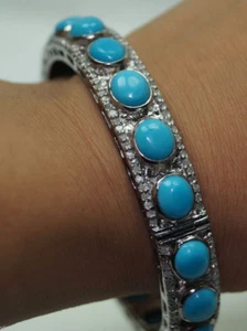 VINTAGE UNCUT ANTIQUE ROSE CUT DIAMOND 9.64ct TURQUOISE BRACELET PAIR FOR PARTY - Picture 1 of 4