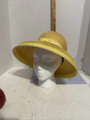 WINNER Original Natural Woven Yellow Wide Brim Dress Derby Church Hat Vintage - Image 1 of 4