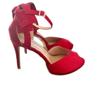 Lauren Lorraine Red Satin & Crystal Embellished Bow Ankle Strap Heels - Picture 1 of 10