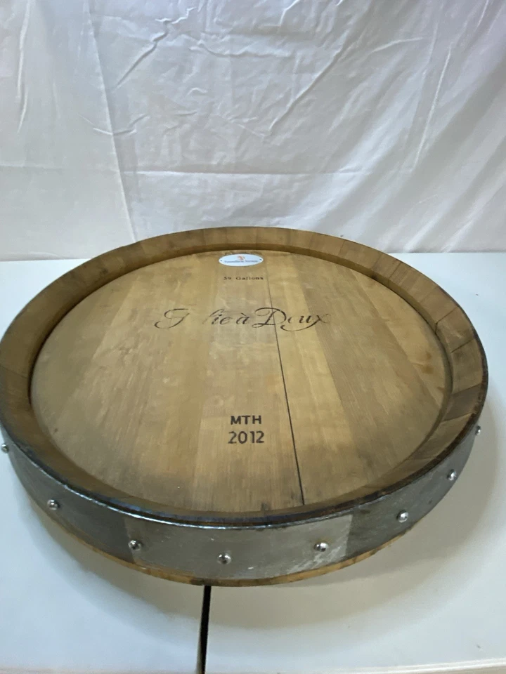 Folie a Deux Reclaimed Wine Barrel Top Lazy Susan Turntable W/ Metal Band - Image 1 of 4