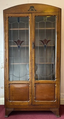Antique Welsh Arts and Crafts Oak Cabinet with Leaded Stained Glass Doors - Image 1 of 4