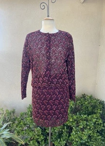 Vtg Gorgeous Cocktail Outfit Skirt Top Set Bead Lace Burgundy Small - Picture 1 of 12