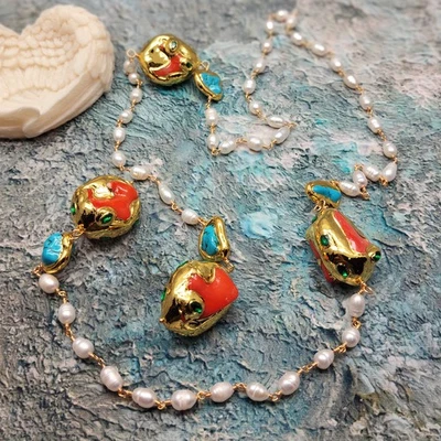 Colar longo corrente pérola rosário pérola branca feito à mão coral laranja pedras preciosas - Imagem 1 de 4