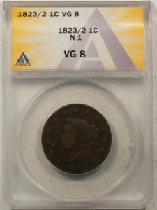 1823/2 CORONET HEAD LARGE CENT, N-1 - ANACS VG-8, TOUGH VARIETY! - Picture 1 of 3