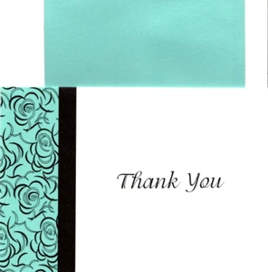 Teal Blue Rose Thank You Note Cards Blank Inside Note Cards - Set of 8 - Picture 1 of 2