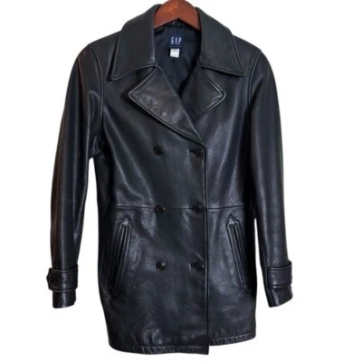 Vintage 90's GAP 100% Leather Double Breasted Pea Coat Black Size Small - Image 1 of 4
